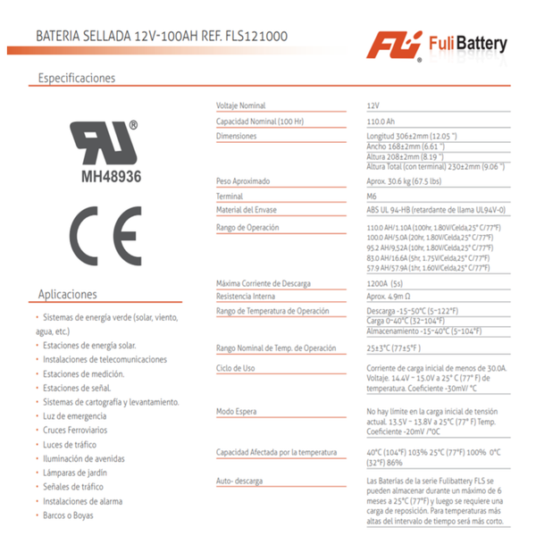 BATERIA SELLADA 12V-100AH REF. FLS121000 USO SOLAR FULI BATTERY