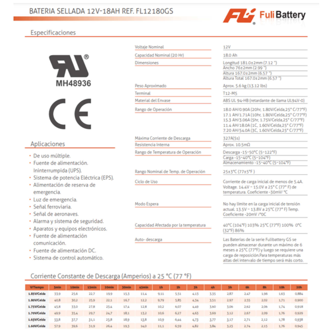 BATERIA SELLADA 12V-18AH REF. FL12180GS FULI BATTERY