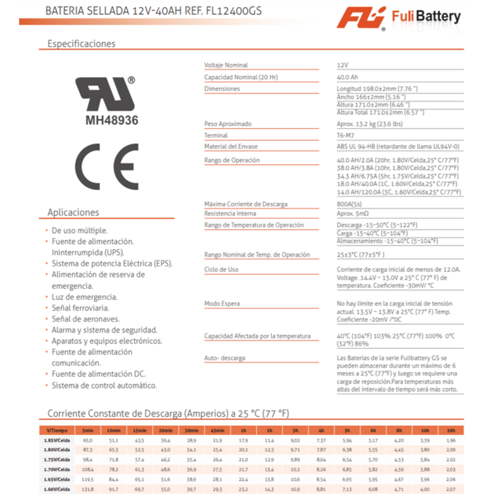 BATERIA SELLADA 12V-40AH REF. FL12400GS FULI BATTERY