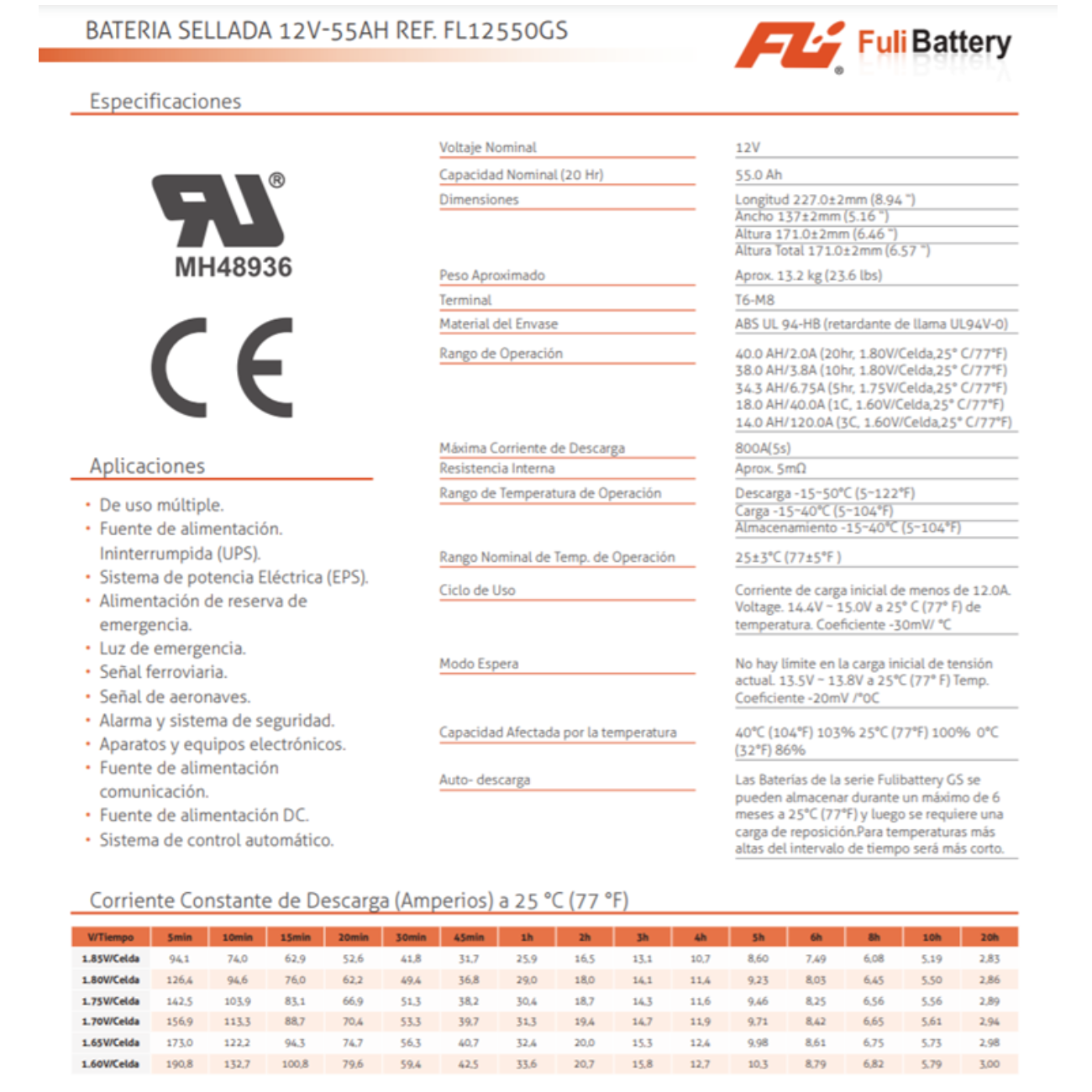 BATERIA SELLADA 12v 55AH REF. FL12550GS FULI BATTERY