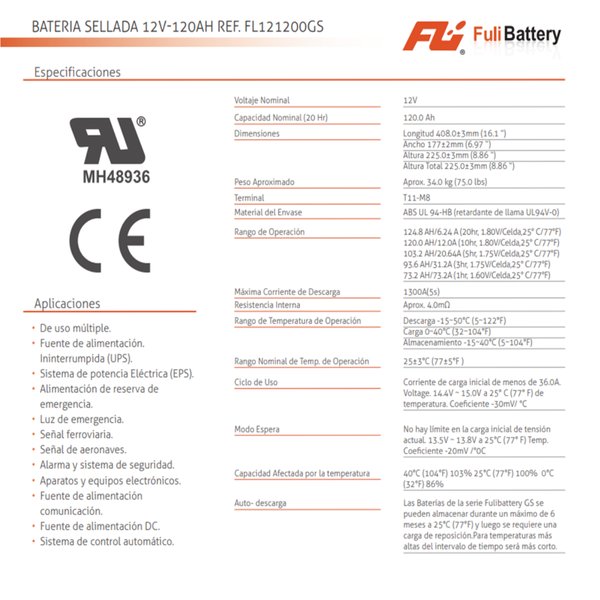 BATERIA SELLADA 12V-120AH REF. FL121200GS FULI BATTERY