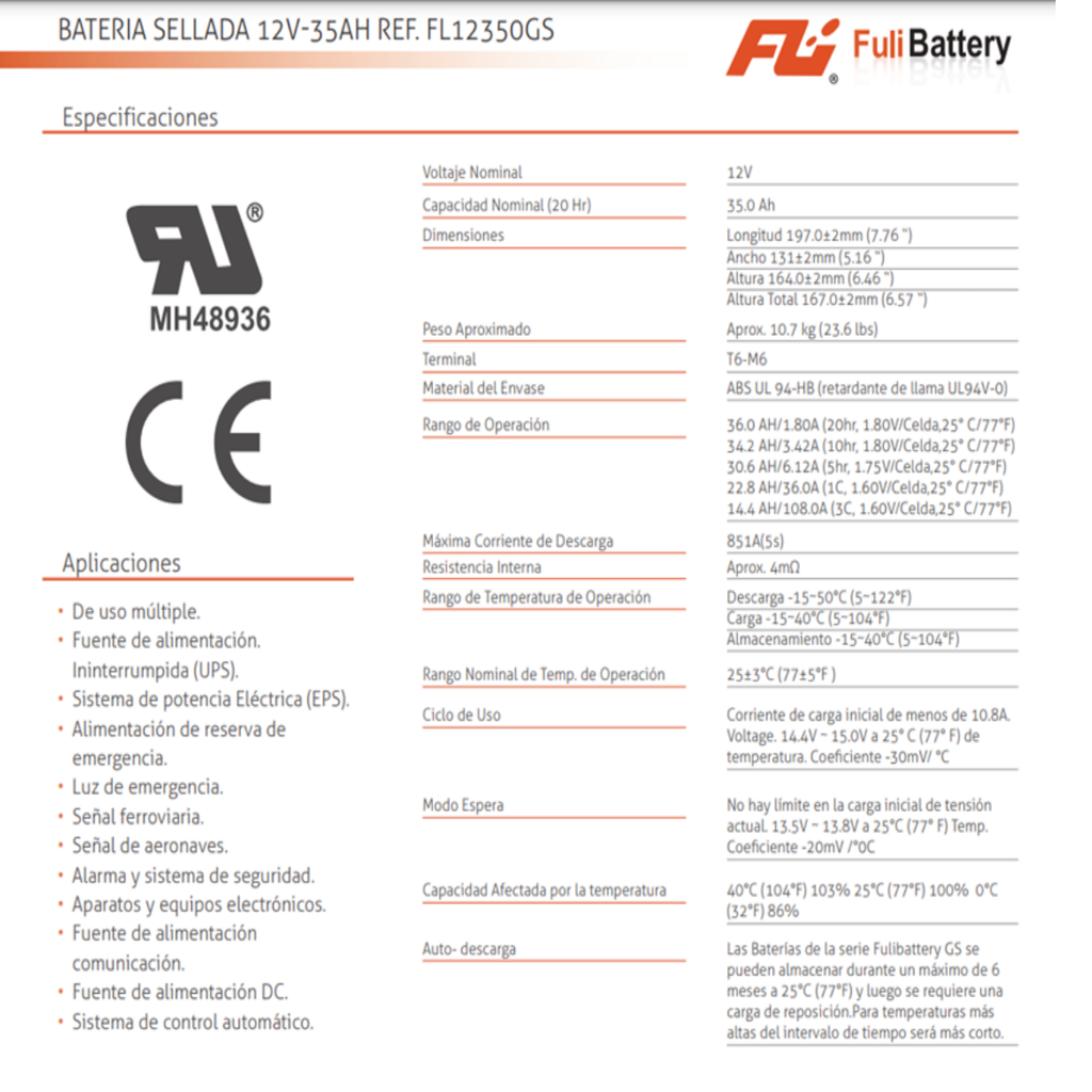 BATERIA SELLADA 12V-35AH REF. FL12350GS FULI BATTERY