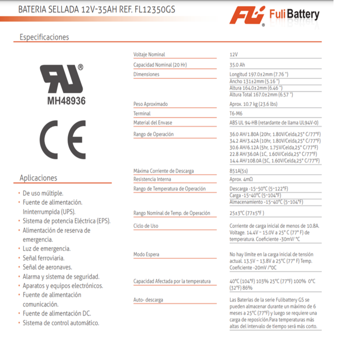 BATERIA SELLADA 12V-35AH REF. FL12350GS FULI BATTERY