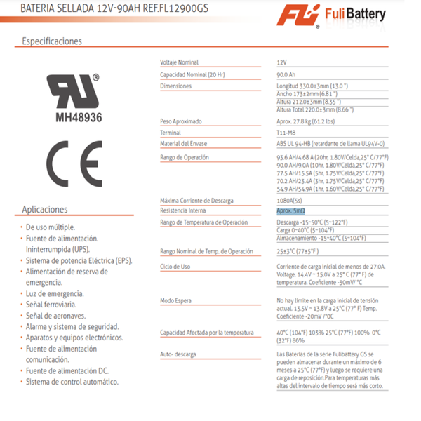 BATERIA SELLADA 12V-90AH REF. FL12900GS FULI BATTERY