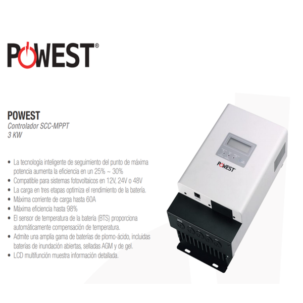 CONTROLADOR DE CARGA SOLAR MPPT 60AH 3kva POWEST