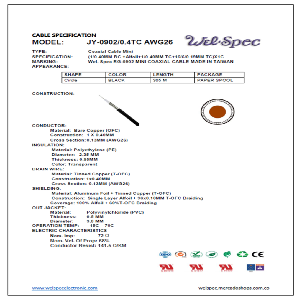 CABLE MINI COAXIAL JY-0902 AWG26 WELSPEC 152M
