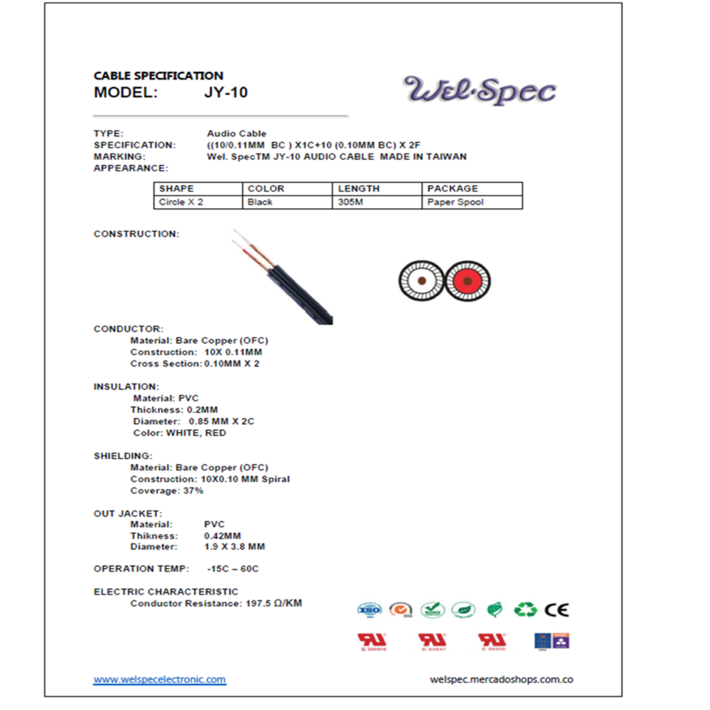 CABLE AUDIFONO DUPLEX BLINDADO JY-10 AWG26 WELSPEC 305M