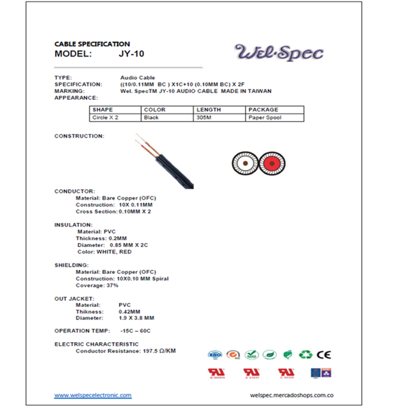 CABLE AUDIFONO DUPLEX BLINDADO JY-10 AWG26 WELSPEC 305M