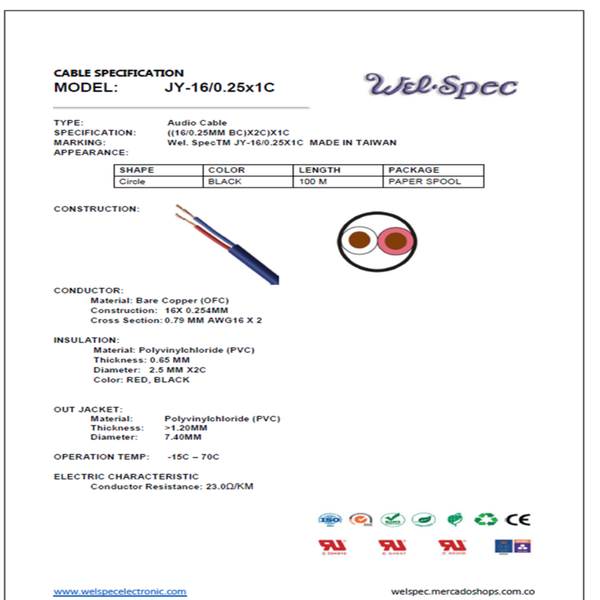 CABLE AUDIO ENCAUCHETADO AWG16 WELSPEC 100M