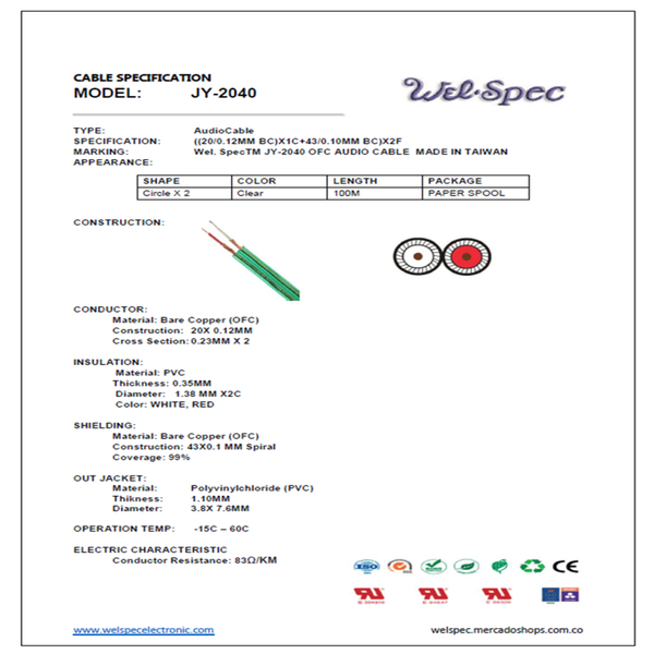 CABLE AUDIO OFC DUPLEX BLINDADO JY-2040 AWG16 WELSPEC 100M