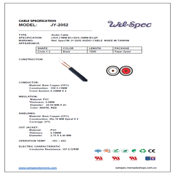 CABLE AUDIO OFC DUPLEX BLINDADO JY-2052 AWG20 WELSPEC 100M CAJA 10 ROLLOS