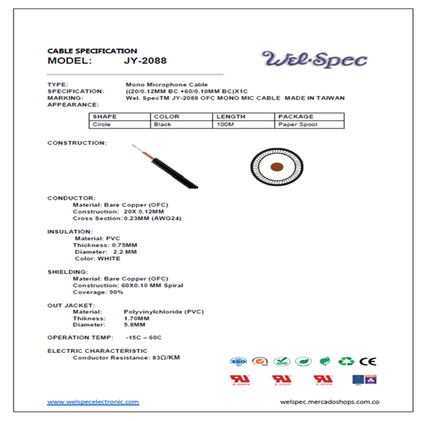 CABLE MICRÓFONO MONOFÓNICO GRUESO JY-2088 WELSPEC 152M CAJA DE 2 ROLLOS