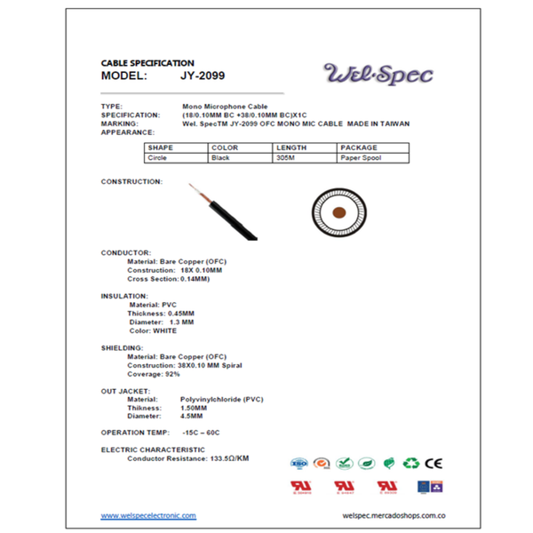 CABLE MICRÓFONO MONOFÓNICO DELGADO JY-2099 WELSPEC 305M CAJA DE 2 ROLLOS