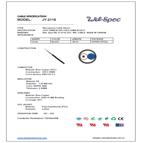 CABLE MICRÓFONO STEREO DELGADO JY-2116 WELSPEC 152M CAJA DE 2 ROLLOS