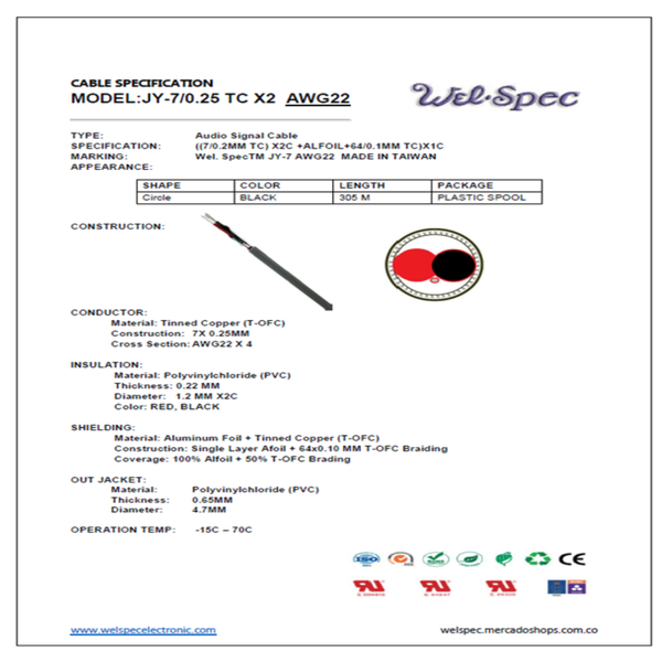 CABLE AUDIO AWG 22 (TIPO BELDEN 8451) JY-7 WELSPEC 305M