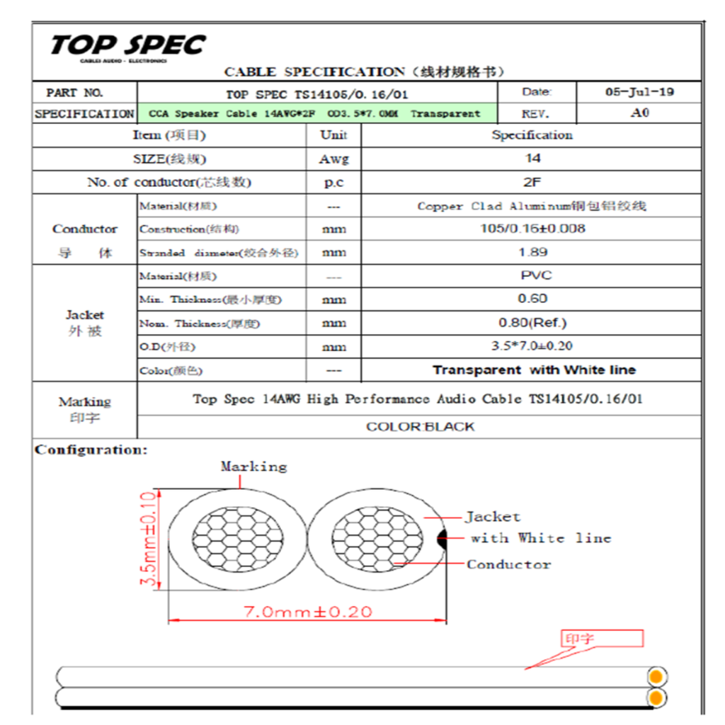 CABLE AUDIO DUPLEX POLARIZADO AWG14 TOP SPEC 100M