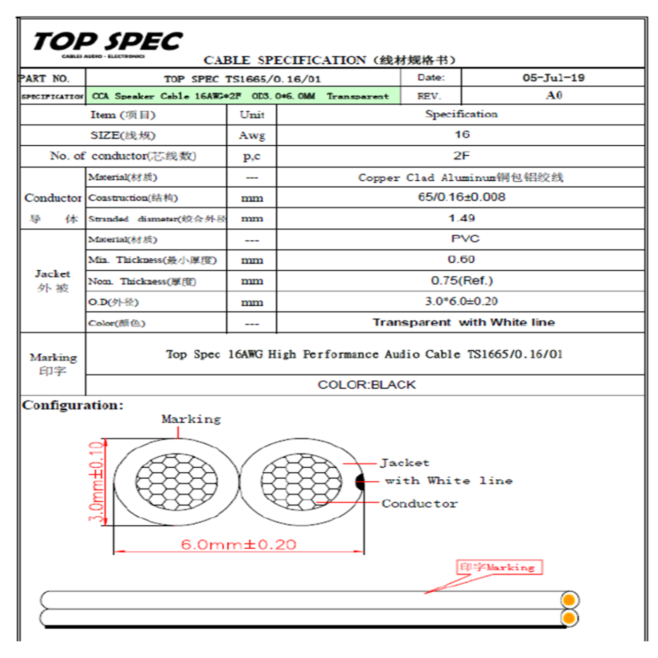 CABLE AUDIO DUPLEX POLARIZADO AWG16 TOP SPEC 100M