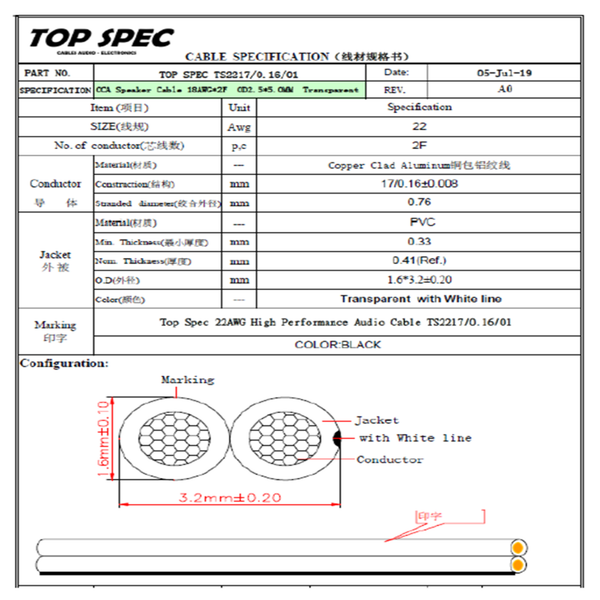 CABLE AUDIO DUPLEX POLARIZADO AWG22 TOP SPEC 305M