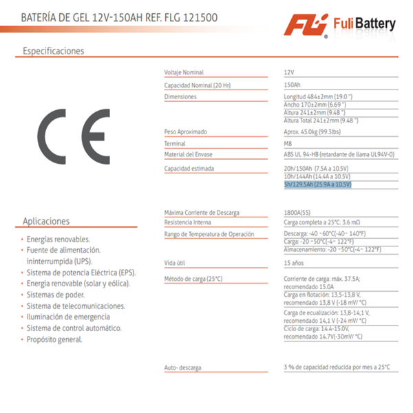 BATERÍA DE GEL 12V-150AH REF. FLG 121500 FULIBATERRY