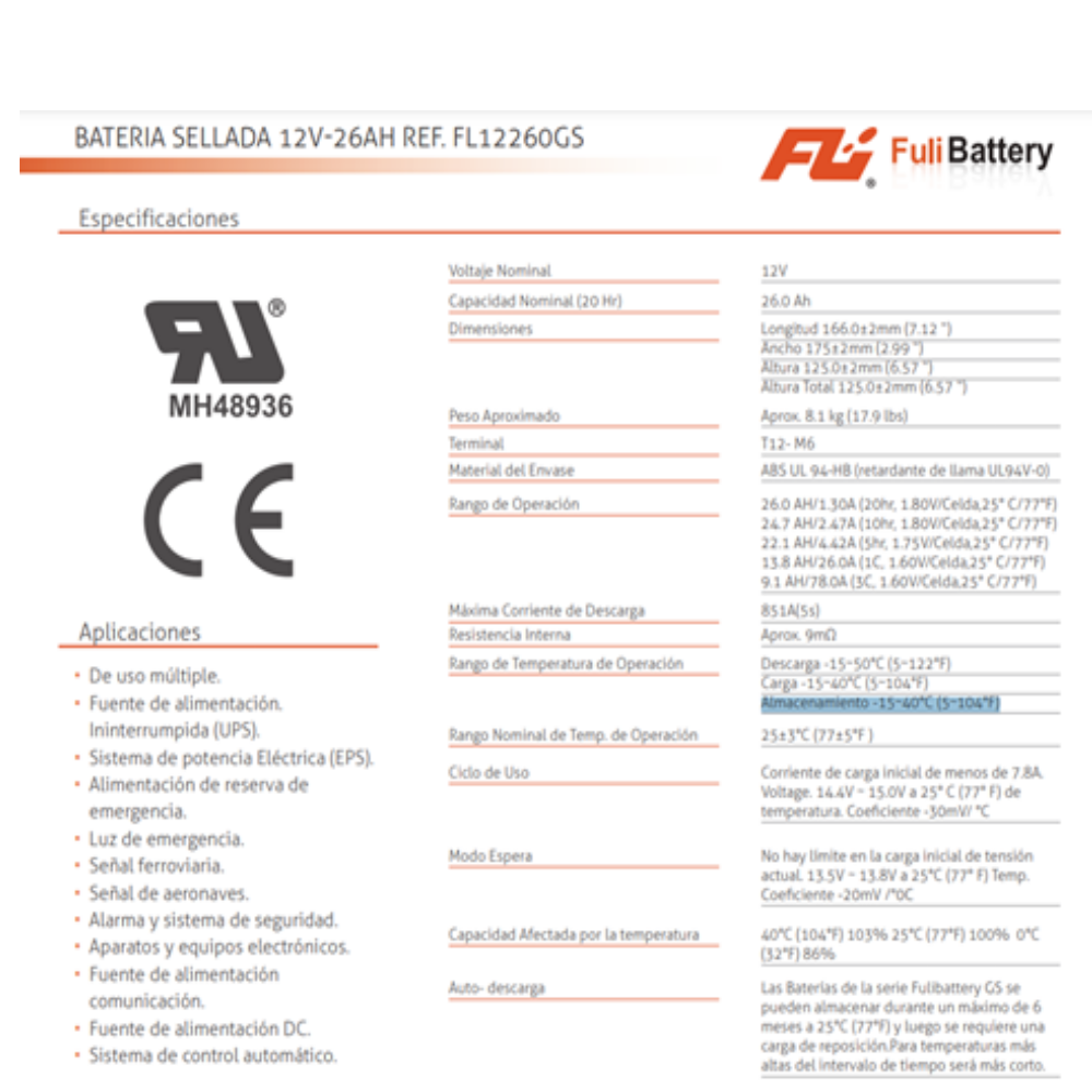 BATERIA SELLADA 12V-26AH REF. FL12260GS FULI BATTERY