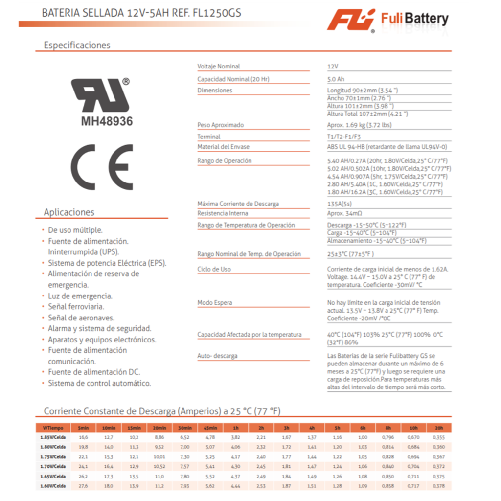 BATERIA SELLADA 12v 5AH. REF.FL1250GS FULI BATTERY