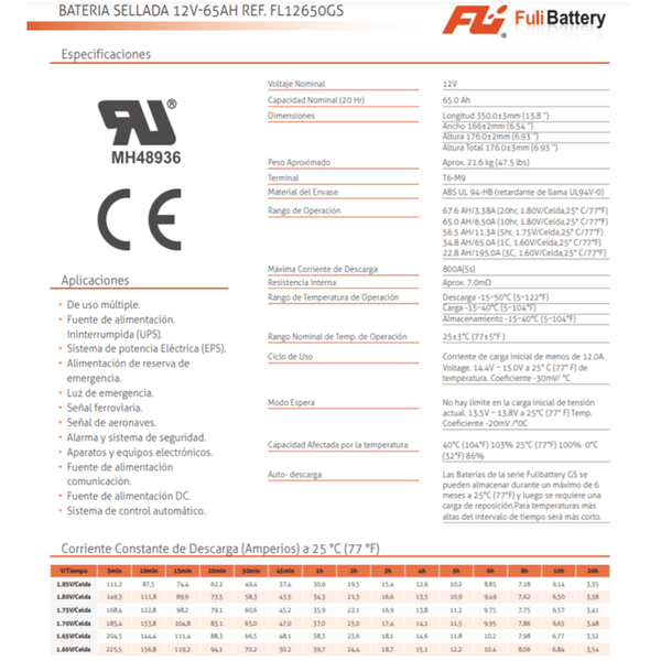 BATERIA SELLADA 12V-65AH REF. FL12650GS FULI BATTERY