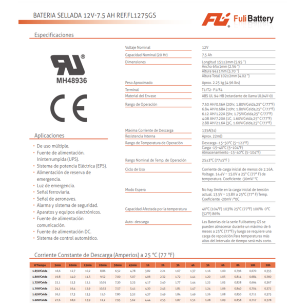 BATERIA SELLADA 12V 7.5AH REF.FL1275GS FULI BATTERY