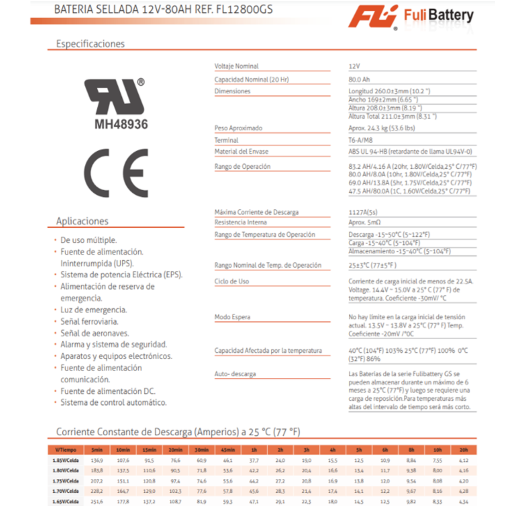 BATERIA SELLADA 12V-80AH REF. FL12800GS FULI BATERRY