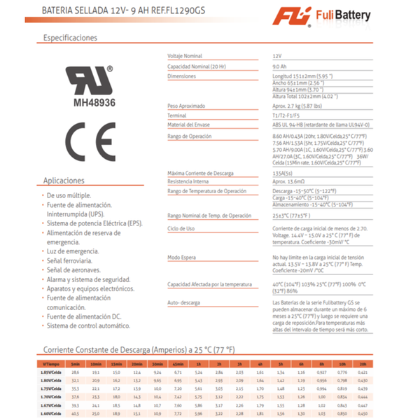 BATERIA SELLADA 12v 9AH REF.FL1290GS FULI BATTERY