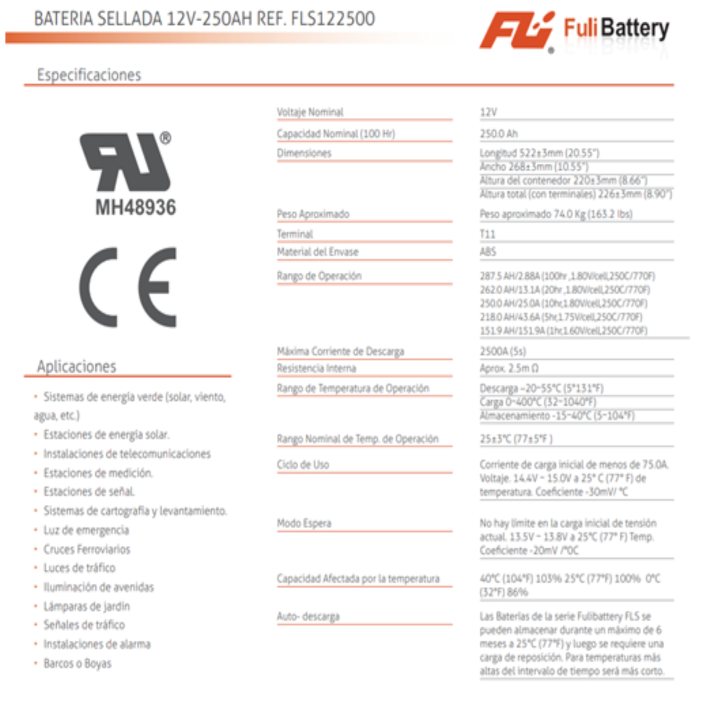 BATERIA SELLADA 12V-250AH REF. FLS122500 USO SOLAR FULI BATTERY