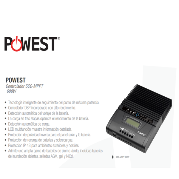 CONTROLADOR DE CARGA SOLAR MPPT 25AH 600W POWEST