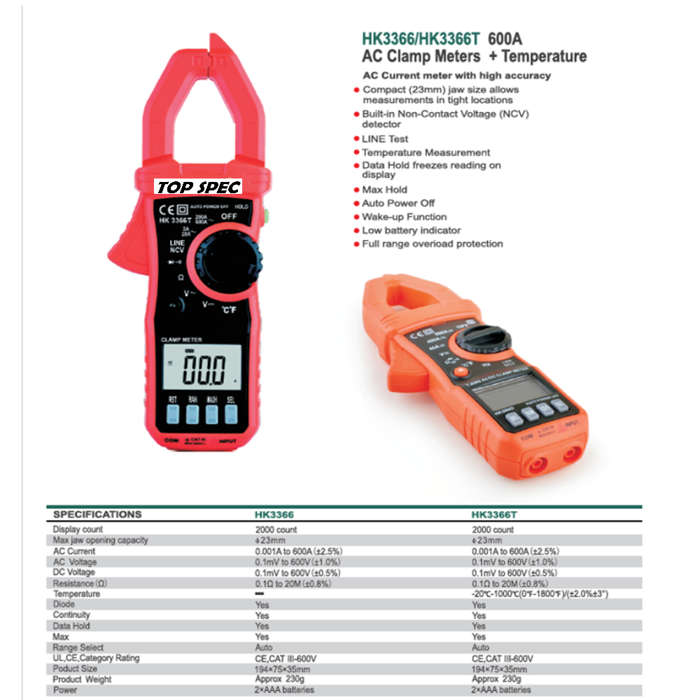 PINZA AMPERIMETRICA 600A TOP SPEC TS3366