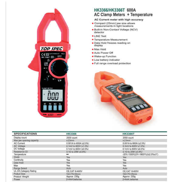 PINZA AMPERIMETRICA  AUTORANGO 600A + TEMPERATURA TS3366T TOP SPEC