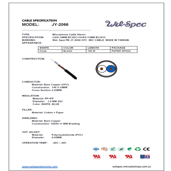 CABLE MICRÓFONO STEREO GRUESO JY-2066 WELSPEC 152M CAJA 2 ROLLOS