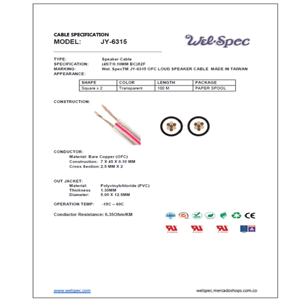 CABLE AUDIO POLARIZADO DUPLEX AWG12 JY-6315 ROLLO 100M WELSPEC